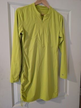 Athleta Pacifica Ruched Dress Neon Yellow Long Sleeve Rash Guard Swim Cover Up L